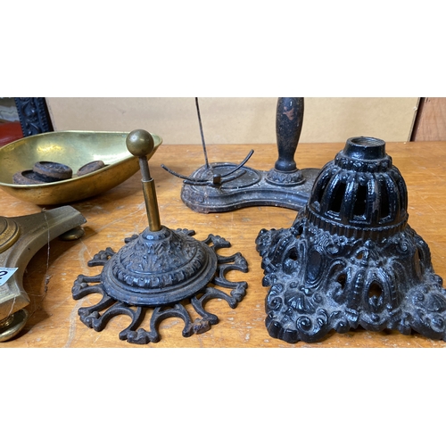 202 - An antique oil lamp base, brass scales and weights and more.