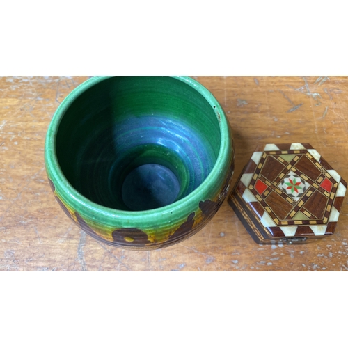 232 - A studio pottery glazed pot and and a wooden trinket box.