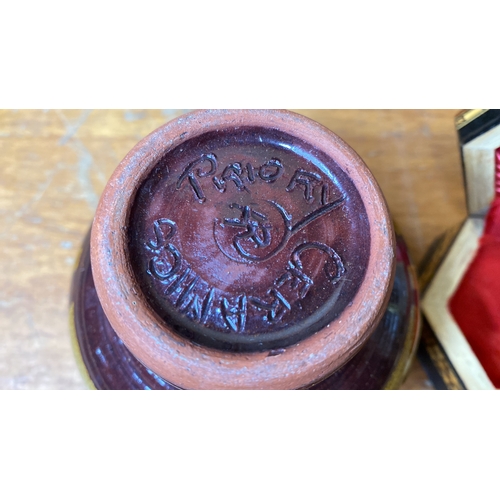 232 - A studio pottery glazed pot and and a wooden trinket box.