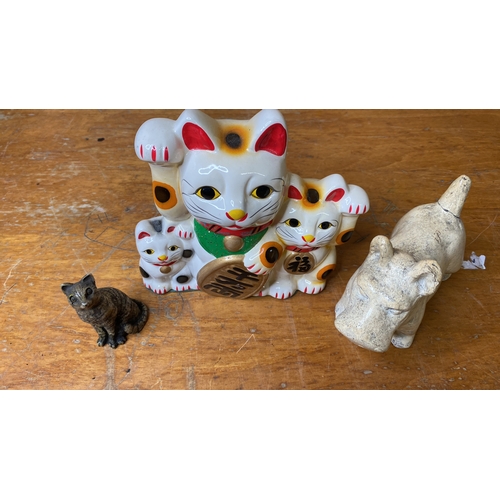 248 - An Oriental style 'Three Cat' ceramic money box and more.