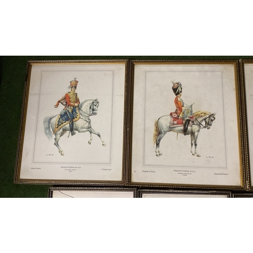 179 - Two sets of four pictures of military figures on horseback (a/f glass damaged on two of the pictures... 