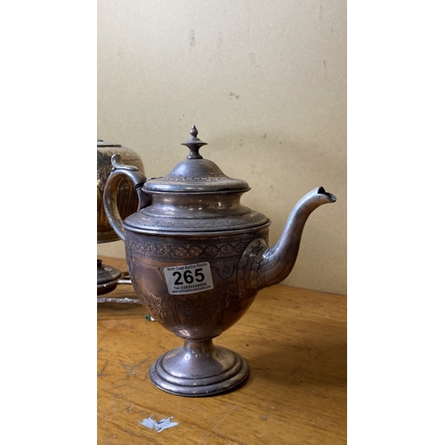 265 - A vintage silver plated spirit kettle and stand and two silver plated teapots.