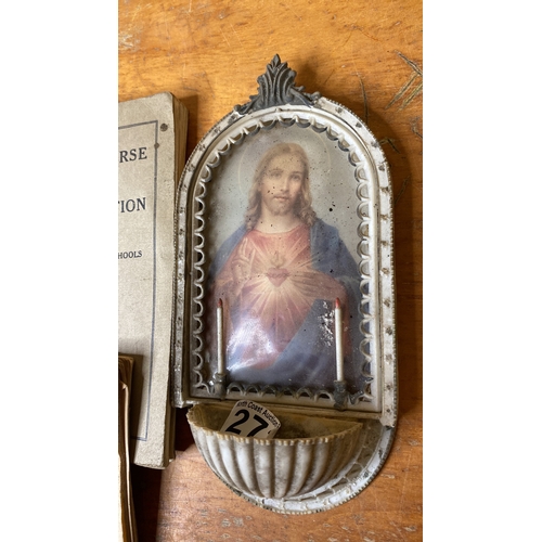 273 - A vintage plastic holy water font, a vintage Sacred Heart Handbook, Complete Course of Irish Composi... 