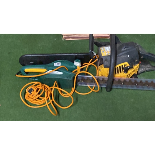 300 - A Kingfisher electric hedge clippers and a MAC 436 petrol chainsaw (untested).