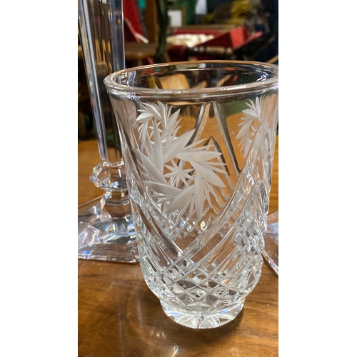 367 - A pair of crystal candlesticks & cut glass vase.