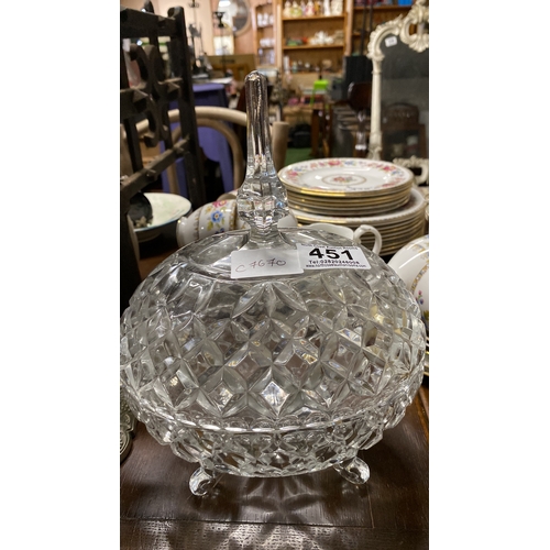 451 - A vintage pressed glass lidded bon bon dish and an Ostrich egg clock mounted on a gilt metal stand (... 