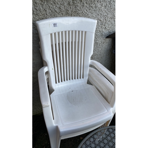 481 - Four white plastic garden chairs.