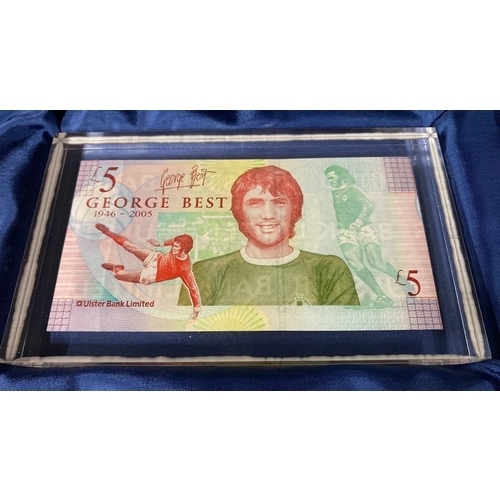 476 - A framed Ulster Bank George Best £5.00 note in its presentation box.