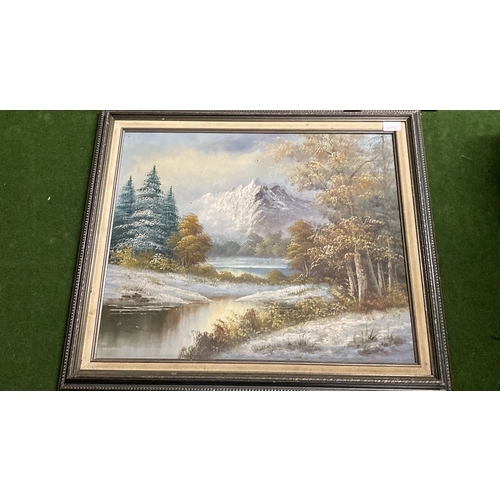 168 - A framed winter scene, a gilt frame and a frameless mirror.