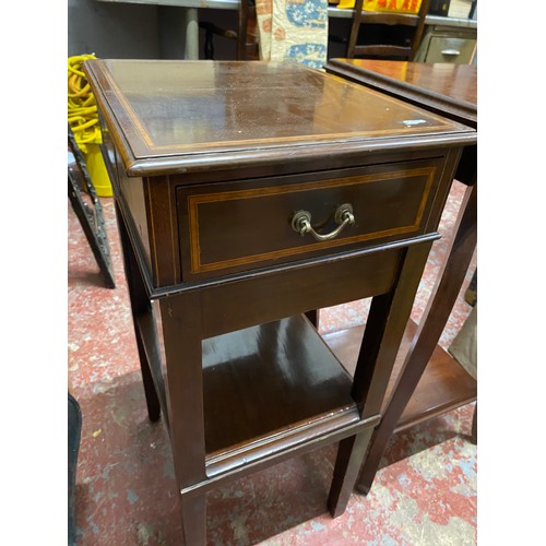 377 - A mahogany lamp/plantstand and side table with drawer.