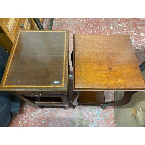 377 - A mahogany lamp/plantstand and side table with drawer.