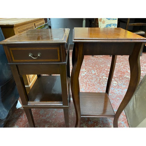 377 - A mahogany lamp/plantstand and side table with drawer.