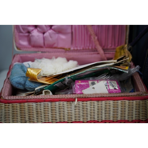 2 - A vintage sewing basket, its contents and two vintage bags (a/f).