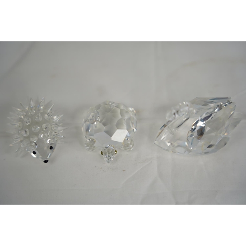 65 - Three Swarovski crystal ornaments - Tortoise, Hedgehog and Swan.