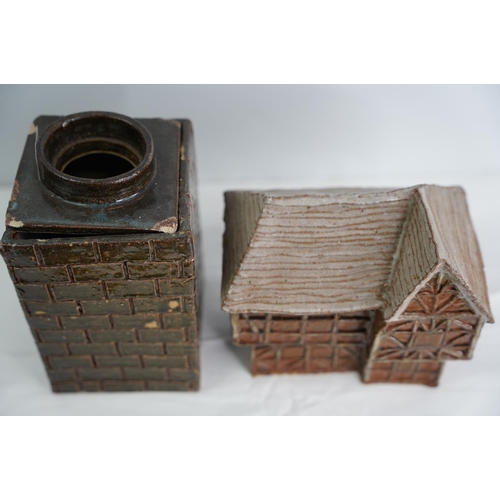 9 - A studio pottery 'chimney stack' vase and model of a house.