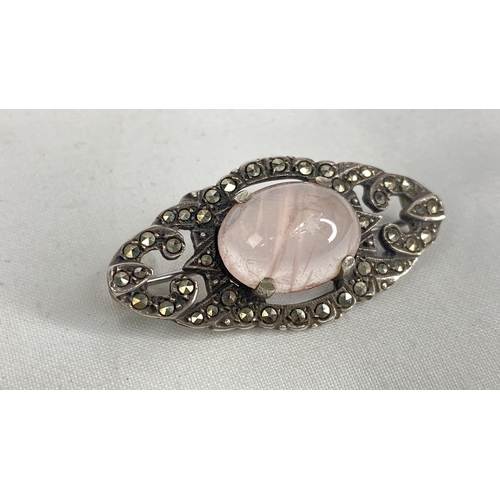 188 - A vintage silver rose quartz and marcasite brooch.