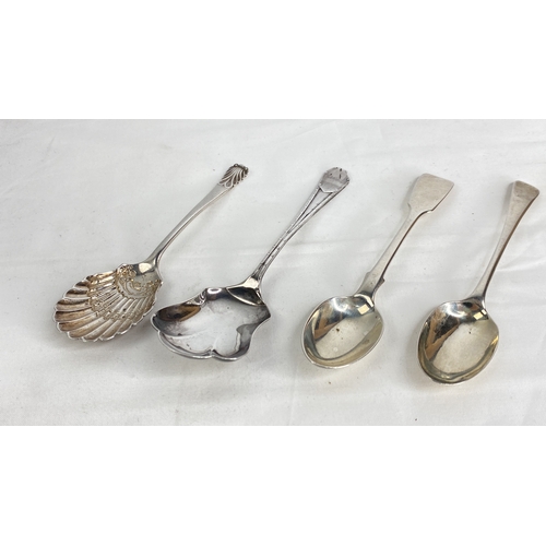 195 - Two Sterling silver jam spoons Sheffield 1901 and 1911 and Two Sterling silver spoons London 1800 an... 