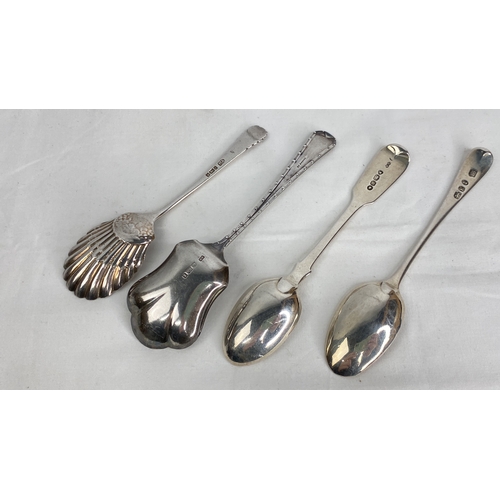 195 - Two Sterling silver jam spoons Sheffield 1901 and 1911 and Two Sterling silver spoons London 1800 an... 