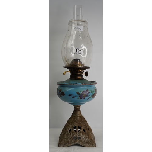 121 - A vintage cottage oil lamp with hand painted font.