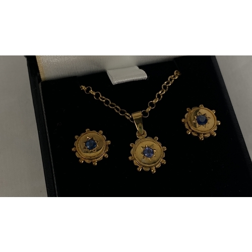 158 - A 9ct gold and sapphire diamond earrings, pendant and necklace set on a 18