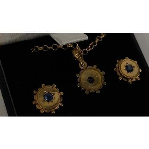 158 - A 9ct gold and sapphire diamond earrings, pendant and necklace set on a 18