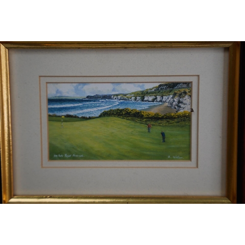 216 - Six framed local scene prints 'Royal Portrush', 'Dunluce Castle' and more by M Wilson.