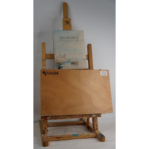 234 - An artist easel, sketchbook, Reeves paint box and contents.