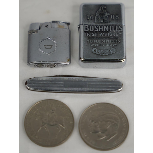 291 - A Bushmills Irish Whiskey lighter, another, penknife and two collectors coins.