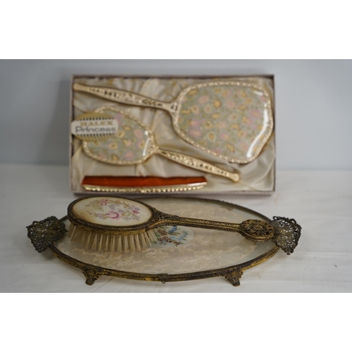 370 - A boxed Halex 'Princess' 3 piece dressing table set, a tray and brush.