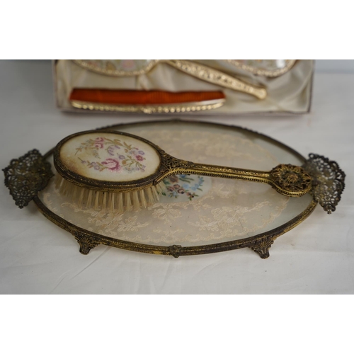 370 - A boxed Halex 'Princess' 3 piece dressing table set, a tray and brush.