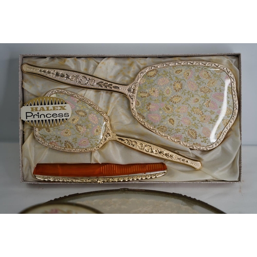 370 - A boxed Halex 'Princess' 3 piece dressing table set, a tray and brush.