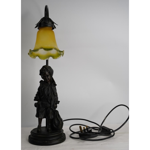 374 - A figurine based table lamp and glass shade.