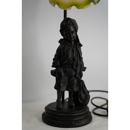 374 - A figurine based table lamp and glass shade.