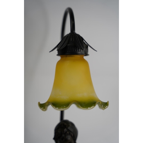 374 - A figurine based table lamp and glass shade.