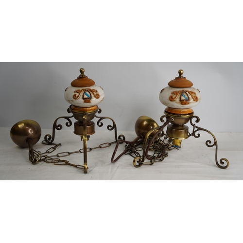 411 - A pair of vintage metal and ceramic centre light fittings.