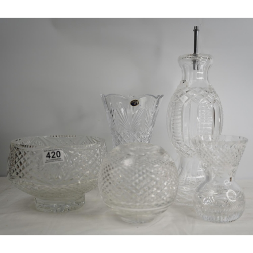 420 - A Waterford crystal bud vase, a crystal table lamp base and other presentation bowls.