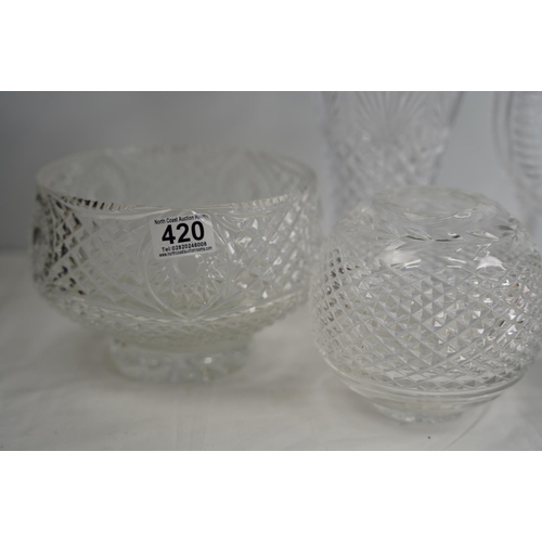 420 - A Waterford crystal bud vase, a crystal table lamp base and other presentation bowls.