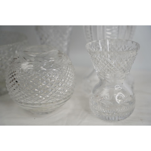 420 - A Waterford crystal bud vase, a crystal table lamp base and other presentation bowls.