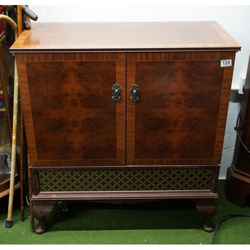 124 - An inlaid walnut style two door drinks/television cabinet with grill panel.