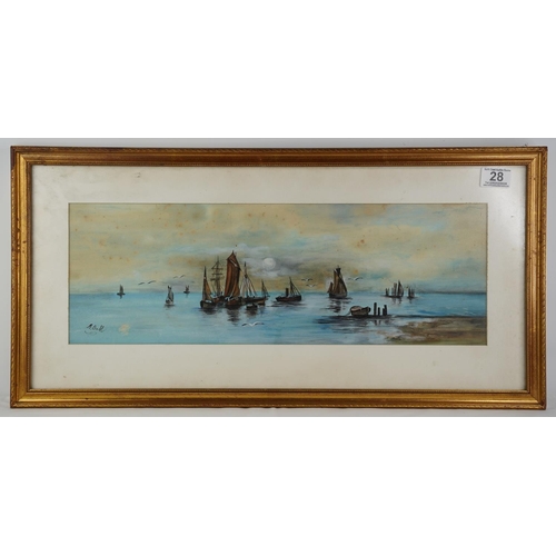 28 - A framed watercolour of sailing ships, signed A Ball.