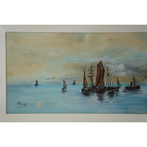 28 - A framed watercolour of sailing ships, signed A Ball.