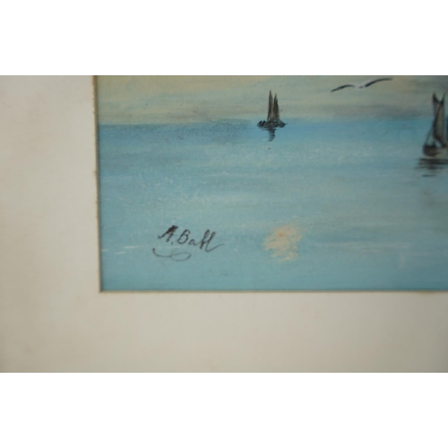 28 - A framed watercolour of sailing ships, signed A Ball.