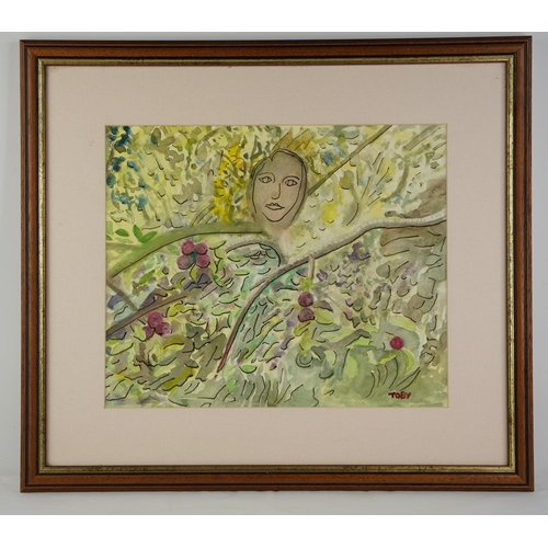 51 - A framed watercolour and pen drawing signed Toby.