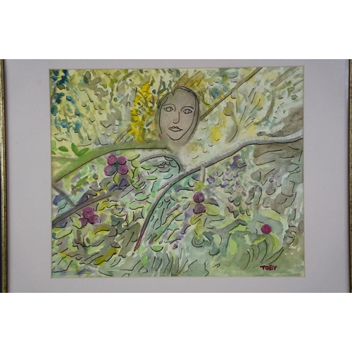 51 - A framed watercolour and pen drawing signed Toby.