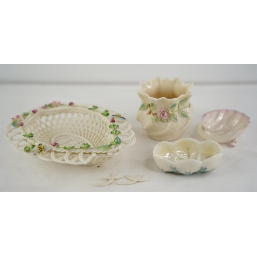 187 - Two Belleek pottery black stamp shell shaped dishes and another and a Belleek pottery four strand fl... 