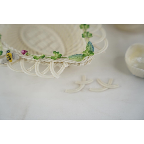 187 - Two Belleek pottery black stamp shell shaped dishes and another and a Belleek pottery four strand fl... 