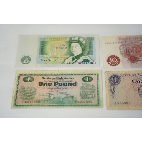 255 - A lot of old One Pound bank notes to include Isle of Man, Bank of England and more.