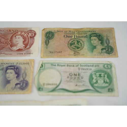 255 - A lot of old One Pound bank notes to include Isle of Man, Bank of England and more.