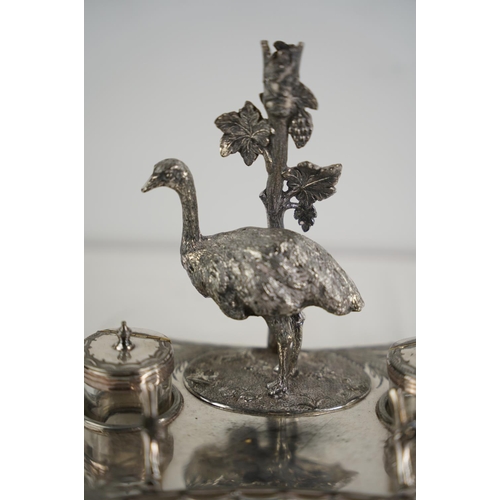 326 - A stunning antique silver plated desk set with ostrich design & 2 inkwells.