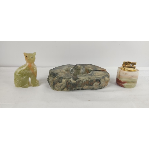 387 - A vintage polished marble cat, ashtray & table lighter.